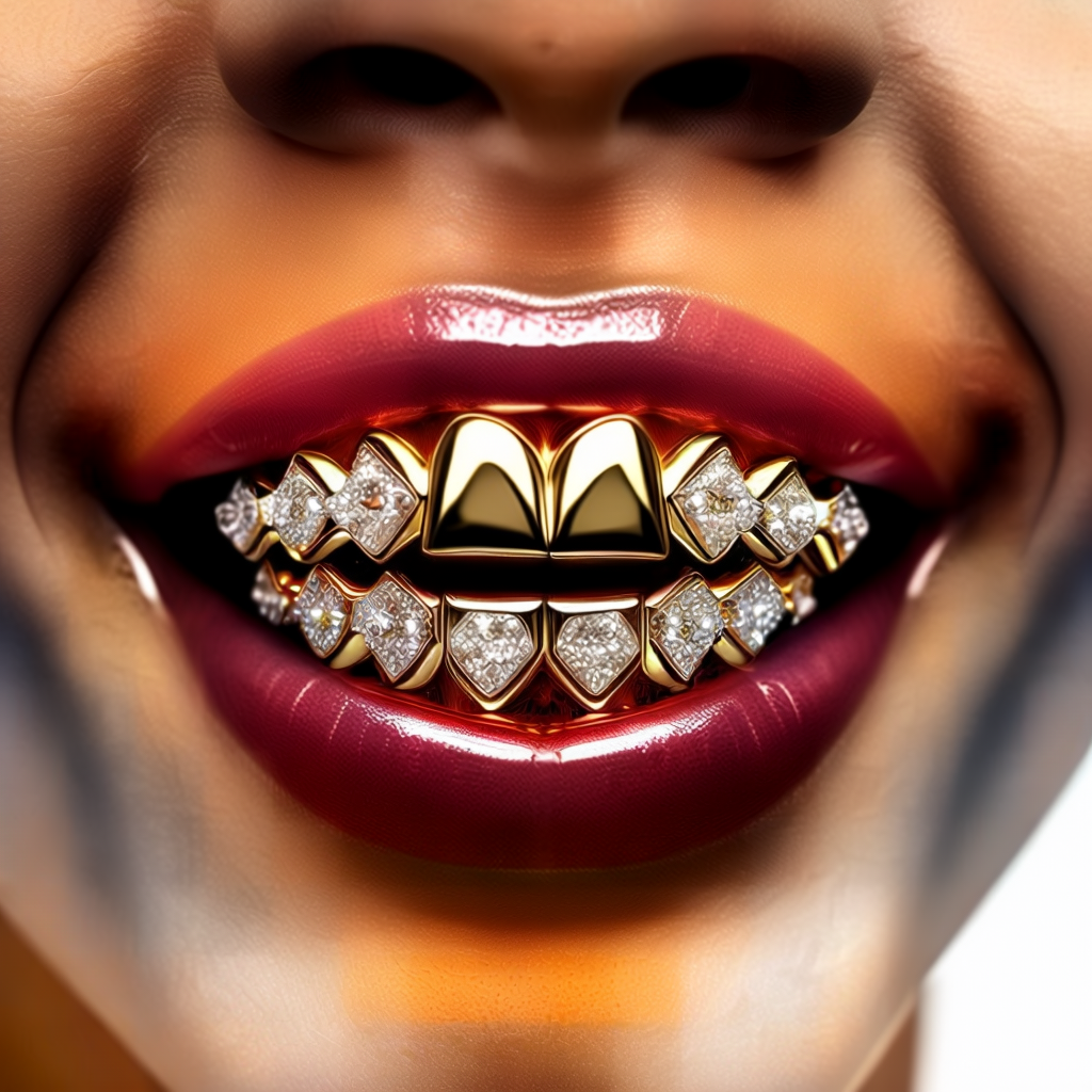 Create an image of a stylish dental office where a jeweler and a dentist are collaborating to create customized teeth grillz. The scene should include a variety of gold and diamond grillz on display, 