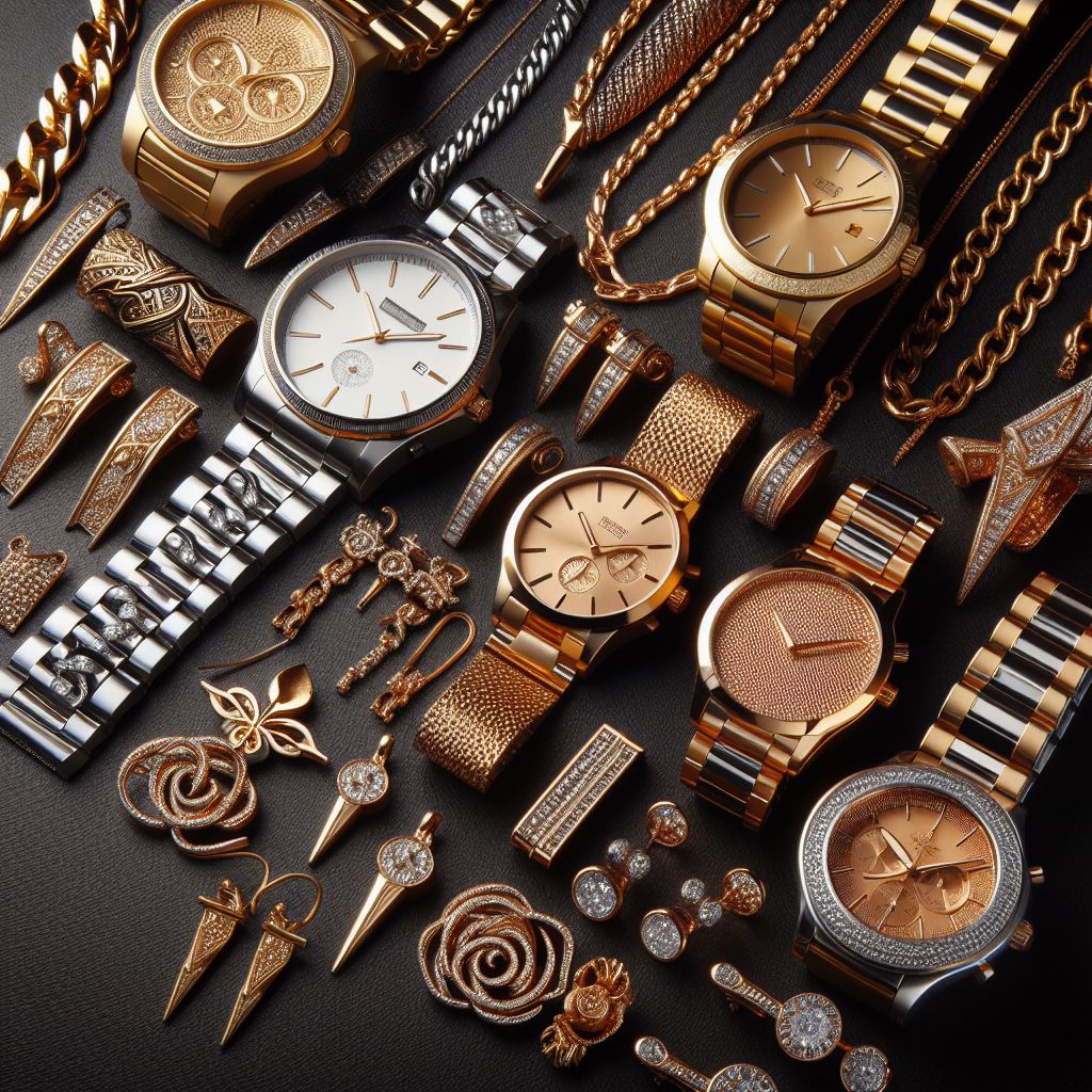 The image features a variety of luxury watches and jewelry, highlighting elegant designs and precious materials, ideal for content related to high-end fashion and retail.
