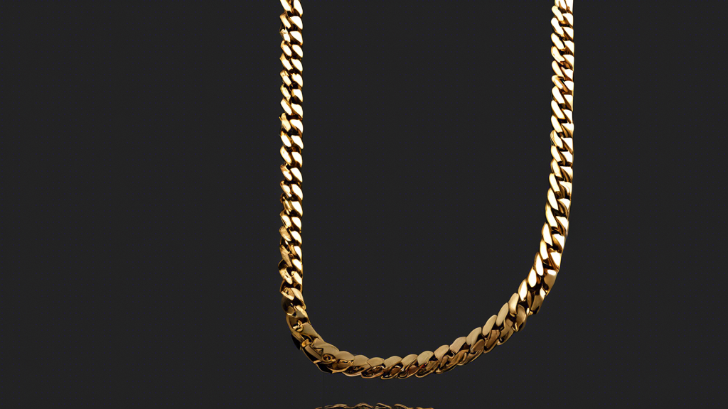 Create a high-resolution image of a stylish men's 14k gold Cuban link chain necklace. The necklace should be prominently displayed against a luxurious dark background, such as black velvet, to emphasi