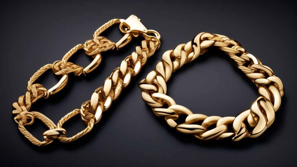 Create an image showcasing an assortment of heavyweight gold curb chain bracelets displayed elegantly on a sleek velvet background. The bracelets should glisten under soft lighting, highlighting their