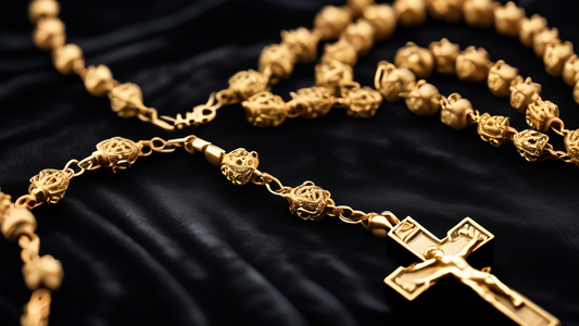 Create a detailed and stylish image showcasing elegant men's gold rosary chains, each adorned with intricate crucifix pendants. The background should be a luxurious, deep velvet, adding a sense of sop