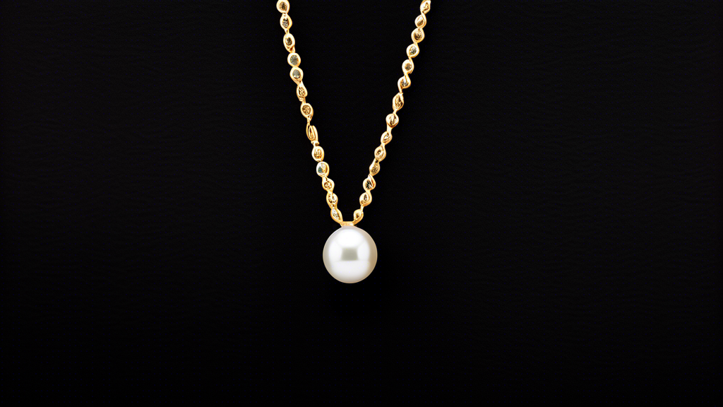 Create a detailed image of an elegant Milano chain adorned with a single, lustrous pearl pendant. The setting is a classic black velvet background to emphasize the chain and pendant's timeless beauty.