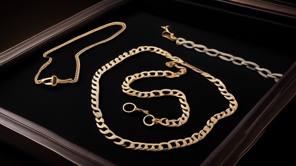 A high-resolution image showcasing a variety of luxurious Figaro chains for men displayed elegantly on a dark, velvet-lined jewelry tray. Some chains have personalized engravings or unique custom desi