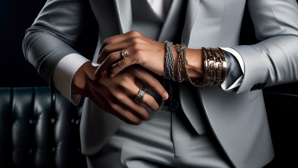 Create an image of a well-dressed man in a sophisticated, modern setting, showcasing stylish thick rope chain bracelets on his wrist. The bracelets should be prominent, featuring intricate details and