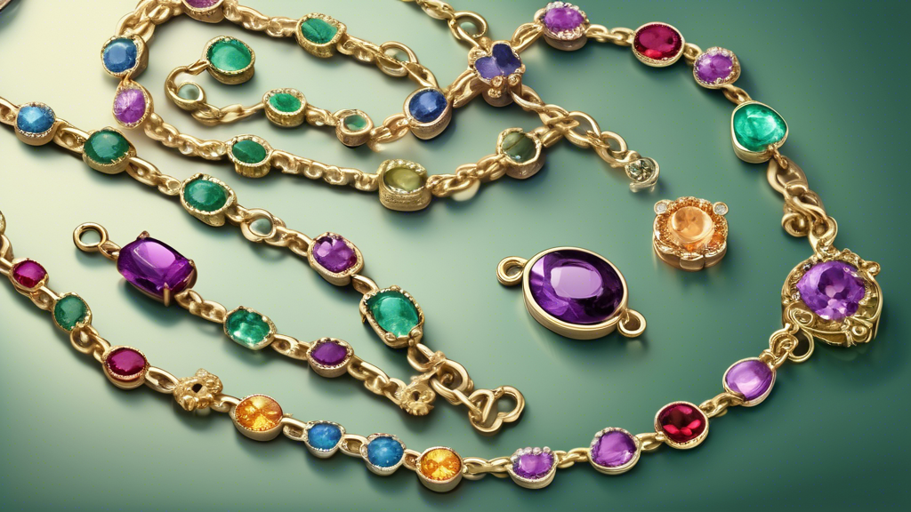 A detailed, high-resolution image of elegant rolo chains adorned with various colorful gemstone charms. The picture should showcase a variety of chain lengths and gemstone types, including amethyst, t