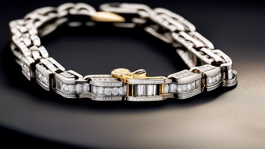 Create a stunning advertisement image of an elegant Rolex chain bracelet adorned with sparkling diamonds. The bracelet should be showcased on a black velvet display with soft lighting to highlight the