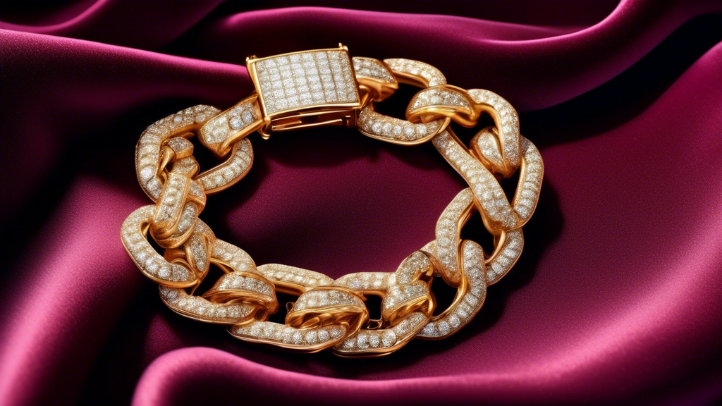 Create an image of a luxurious Cuban link chain bracelet adorned with sparkling diamonds, displayed on a plush velvet background. Highlight the intricate craftsmanship and brilliance of the diamonds a
