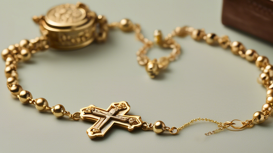 Create an image of a delicate gold rosary chain bracelet elegantly draped over a vintage jewelry box. The bracelet should feature small, intricate beads and a tiny cross pendant. The setting should ex