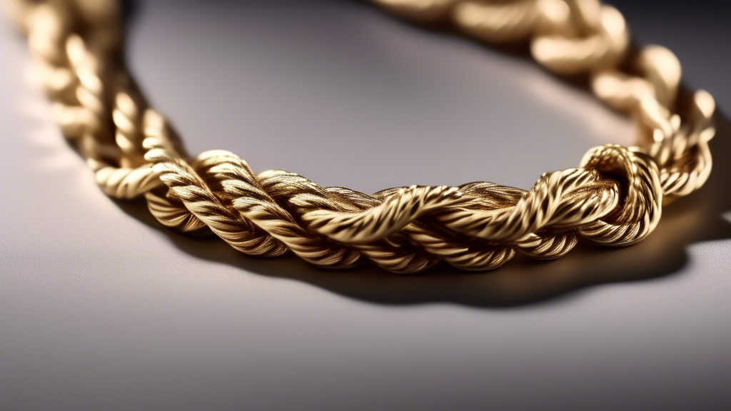 A close-up of an elegant 18K gold rope chain necklace gleaming under soft, ambient lighting. The intricate twists and details of the rope design are highlighted, showcasing its craftsmanship. The neck