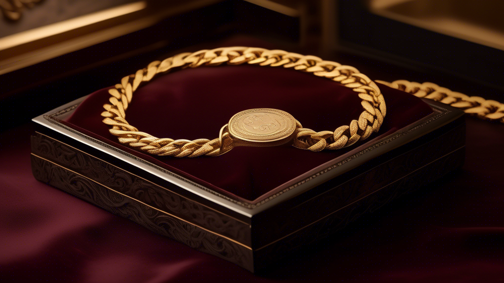 A high-resolution image showcasing a luxurious custom engraved Cuban link chain, displayed on a velvet-lined jewelry box. The chain features intricate, personalized engravings of initials and meaningf