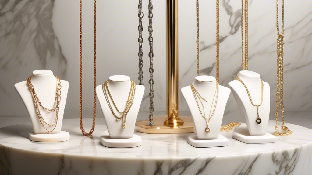 Create an image of elegant and delicate Milano chain necklaces for women, displayed on a luxurious marble jewelry stand. The chains should have a subtle sparkle, highlighting their fine craftsmanship,