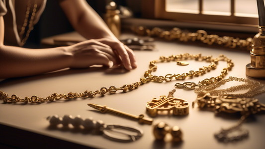 Create an image of a jeweler's workbench with a craftsman meticulously working on a personalized gold rosary chain. The scene includes intricate gold links, delicate tools, and a serene atmosphere wit