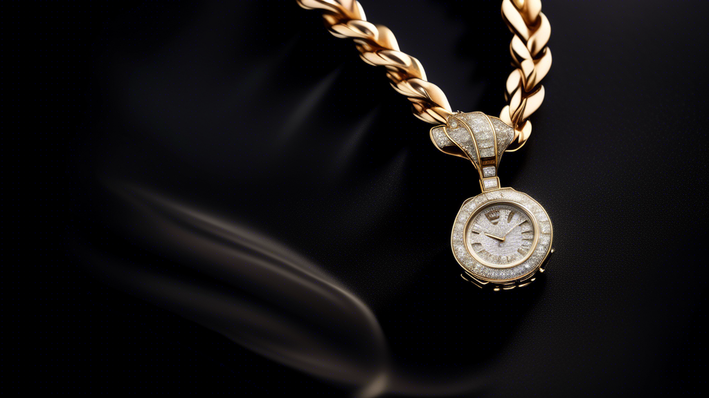 A high-resolution image of a luxurious and elegant Rolex chain necklace displayed against a sleek, black velvet backdrop. The necklace features intricate links, accented with subtle, sparkling diamond