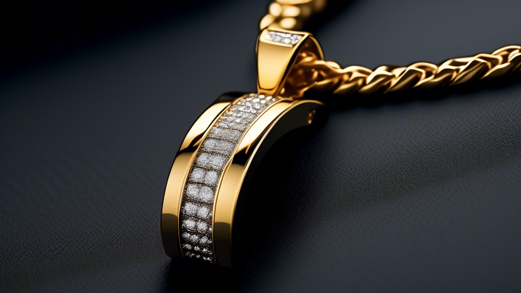 A high-definition image showcasing an elegantly designed men's Franco chain made of polished gold, featuring a stunning diamond pendant that glistens under soft, ambient lighting. The background is a 