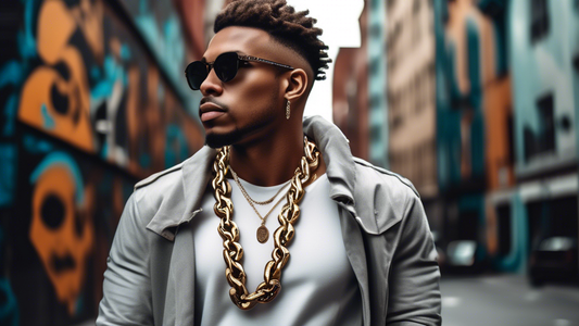 Create an image showing a confident man wearing a stylish chunky Byzantine chain necklace. The background should be a modern urban setting with sleek buildings and street art to highlight contemporary