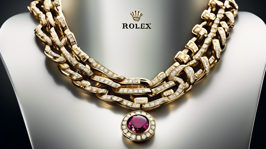 Create a luxurious advertisement showcasing glamorous Rolex chains adorned with sparkling gemstone accents. The chains should be elegantly draped to catch the light and highlight their intricate detai