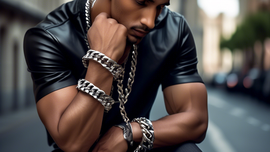 Create an image of a distinguished man wearing a fashionable chunky Franco chain bracelet. The scene is set in an upscale urban environment, with the man dressed in modern, stylish attire that complem