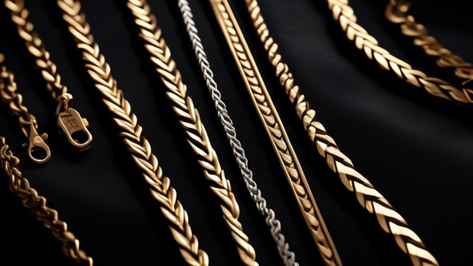 A close-up, high-quality image of a custom-designed herringbone chain in different lengths, displayed elegantly on a black velvet background. The chains should be made of gold, silver, and rose gold, 