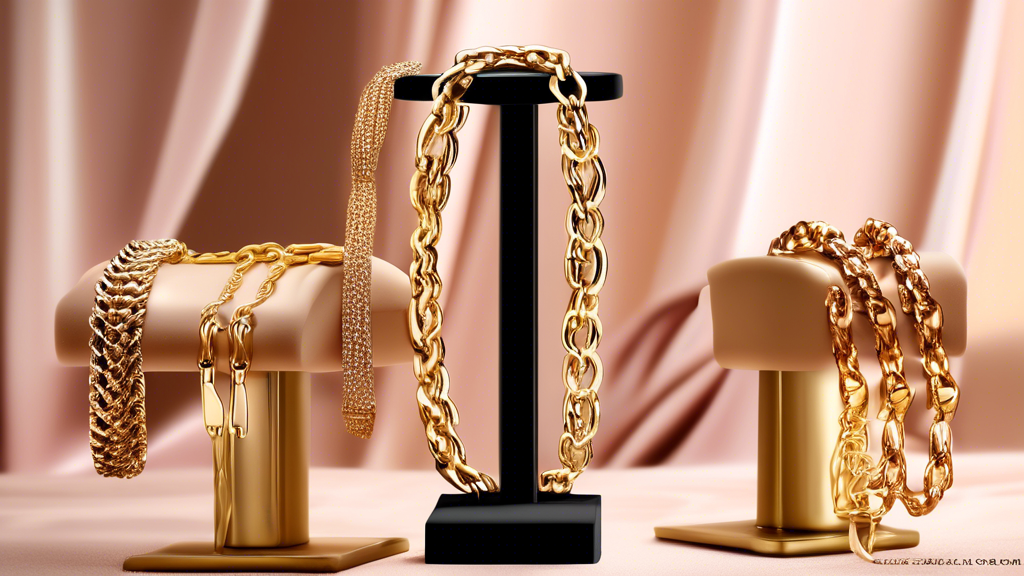 Create an image of a collection of elegant gold rolo chain bracelets for women, displayed on a stylish velvet jewelry stand. The bracelets should vary slightly in design but all feature the characteri