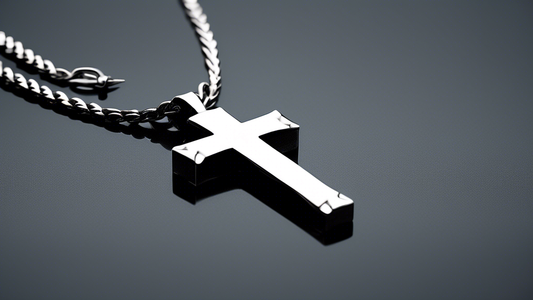 Create an image of a sleek men's curb chain necklace with a cross design. The necklace should have a polished, shiny appearance with intricate details on the cross pendant, reflecting a modern and sty