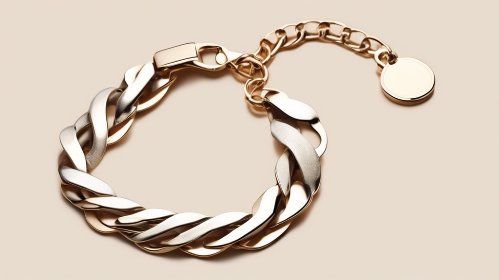 A stylish close-up of a wrist adorned with a sleek and modern flat herringbone chain bracelet, expertly crafted with shimmering metal links. The bracelet should stand out against a backdrop of trendy,