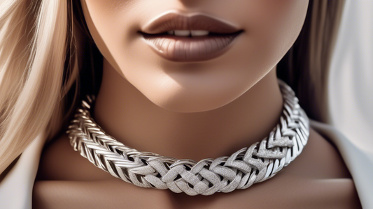 Create a luxurious and elegant scene featuring a woman wearing a silver herringbone chain necklace. The setting should be sophisticated, perhaps a high-end boutique or glamorous evening event. Capture