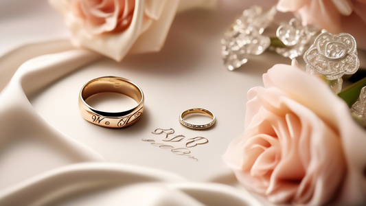 Create an artistic scene featuring a pair of beautifully designed, personalized wedding bands for a bride and groom. The rings should be elegantly displayed on a luxurious velvet cushion, with intrica