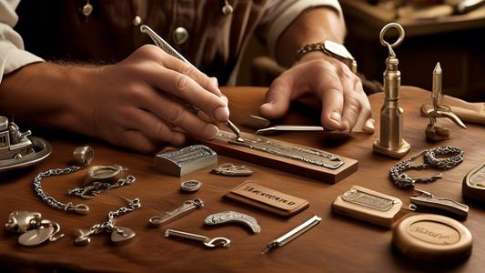 Create an image of a craftsman meticulously working in a workshop adorned with various tools and maritime-themed decorations. Show him engraving a custom nameplate onto a finely detailed mariner chain