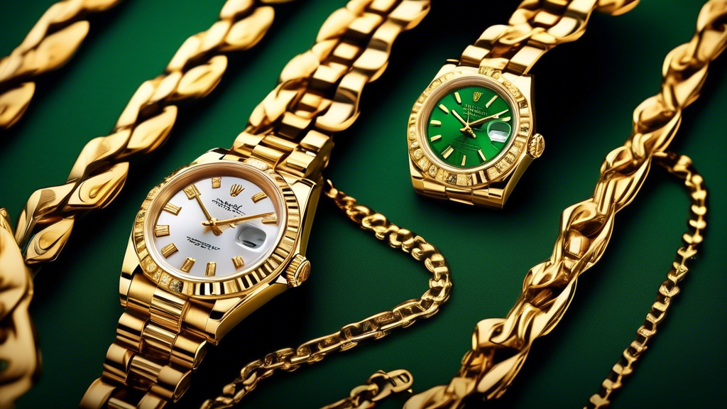 Create an image showcasing elegant gold Rolex chains for men, displayed in a luxurious setting. The chains should feature intricate designs and a polished, opulent finish, with the iconic Rolex logo s