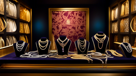 An elegant jewelry store display showcasing a variety of Franco chains in different lengths and finishes, with a backdrop of luxurious velvet. The chains glisten under soft lighting, highlighting the 