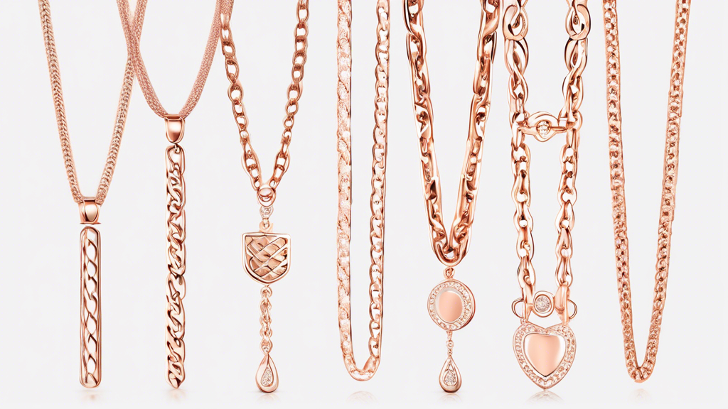 Create an image of elegant rose gold curb chains, each with unique, stylish pendants. The background should be soft and sophisticated, with a focus on the intricate designs and the luxurious, warm glo