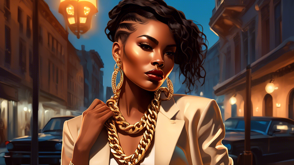 Create an image of a sophisticated woman wearing fashionable, thick Cuban link chains in a stylish setting. The chains should be prominent, gleaming under soft lighting, and the woman should exude con