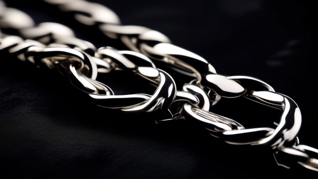 A close-up image of an elegant sterling silver curb chain necklace, beautifully displayed on a black velvet background. The chain's intricate links glisten under soft lighting, highlighting its polish
