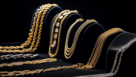 Create an image of a close-up view of a luxurious jewelry store display with an assortment of custom length rope chain necklaces. Each necklace is elegantly laid out on black velvet, showcasing variou