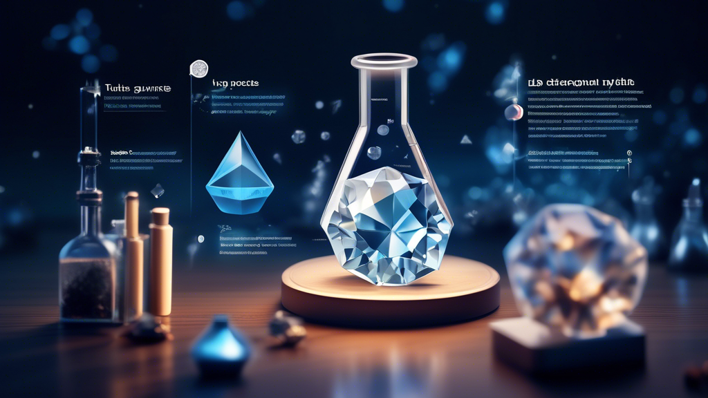 A beautifully lit scene showcasing a pair of glistening lab-grown diamonds, set against a background of educational infographics that debunk common myths and misconceptions. The infographics feature i