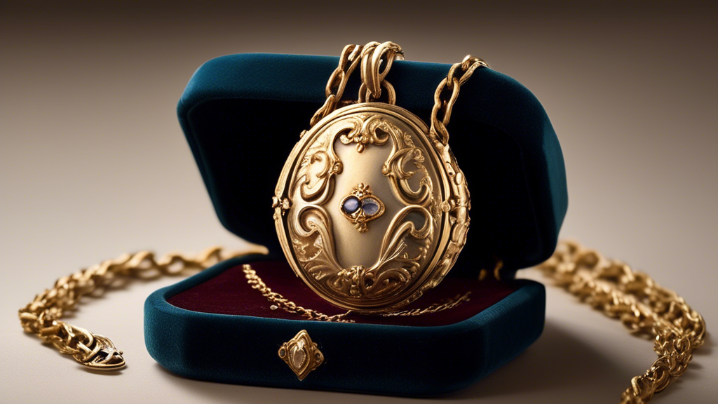 Create a high-resolution image of a vintage Figaro chain necklace with a locket, draped elegantly over a velvet-lined jewelry box. The chain should have an intricate, timeless design with alternating 