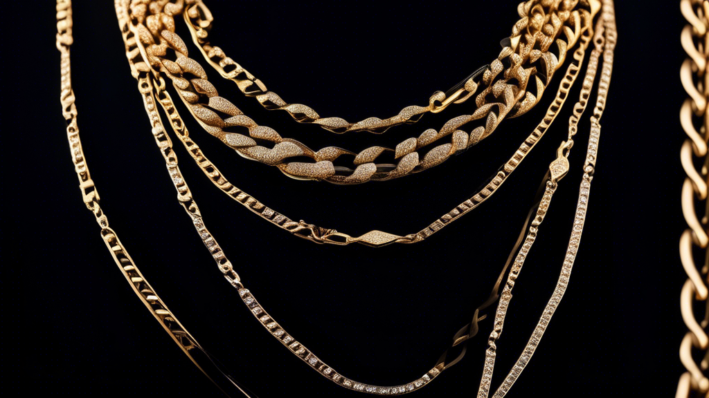 A close-up, high-quality image of a luxurious Milano chain necklace displayed elegantly against a black velvet background. The necklace is shown in various lengths, each neatly labeled, ranging from c