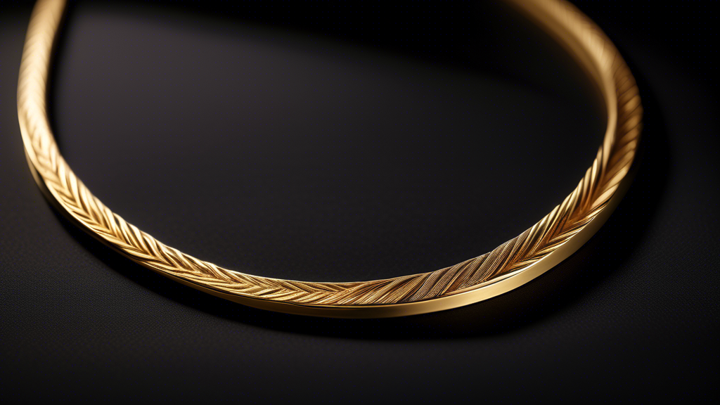 A detailed and elegant illustration of an 18k gold herringbone chain necklace, beautifully displayed against a black velvet background. The necklace shines with a rich, warm golden hue, showing off it