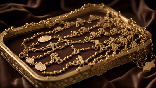 An elegantly styled vintage photograph capturing a collection of intricately designed gold rosary chains displayed against a velvet-lined tray. The rosary chains feature ornate crucifixes and detailed