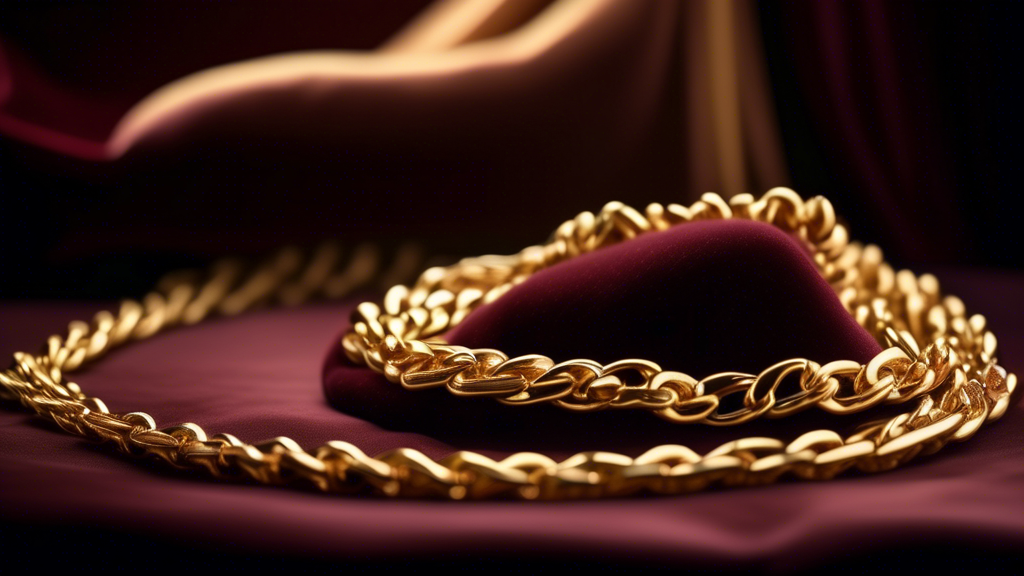 A high-resolution photograph of a classic gold mariner chain necklace elegantly draped over a plush, velvet display stand. The background features a subtle, timeless design with soft, warm lighting th