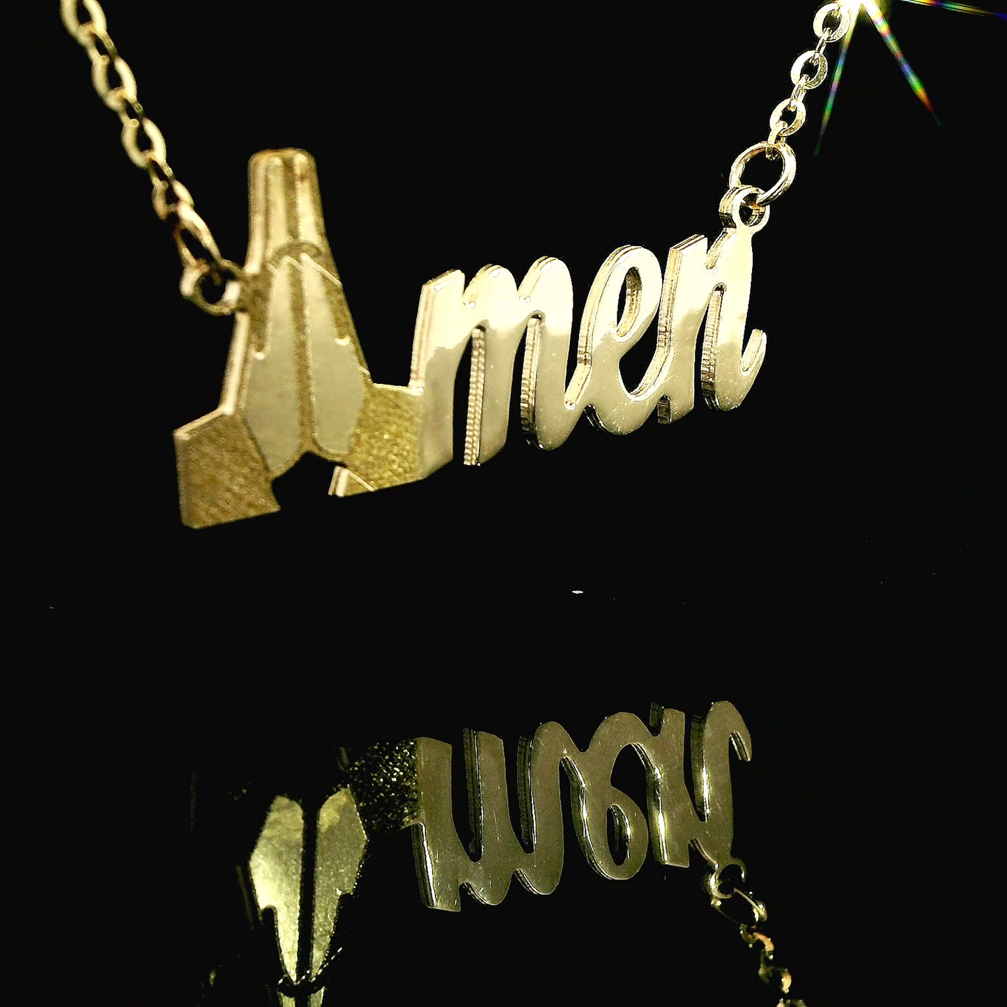 14K Gold "Amen" Pendant w/ Diamond-Cut Rolo Chain