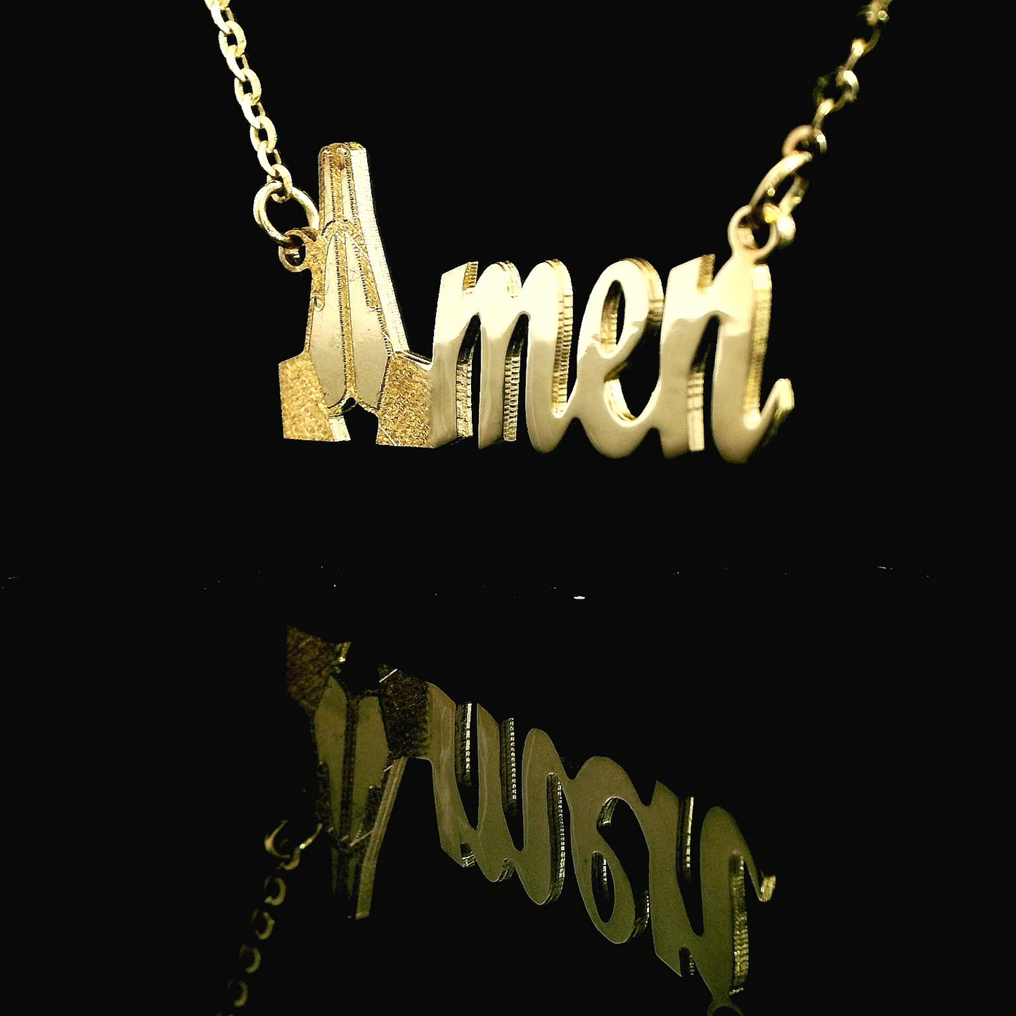 14K Gold "Amen" Pendant w/ Diamond-Cut Rolo Chain