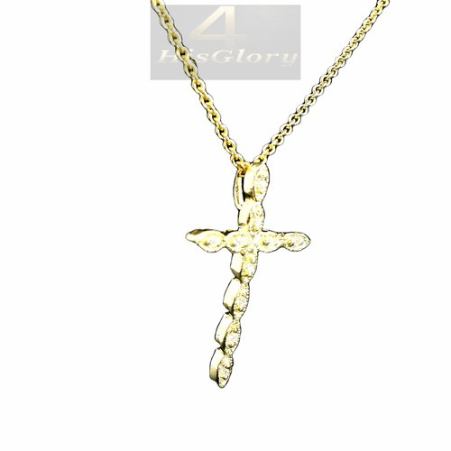 14K Gold Twisted Diamond Cross Pendant w/ Diamond-Cut Rolo Chain - 0.15 CTTW
