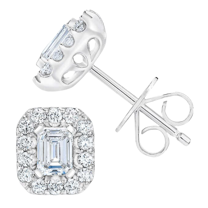 Emerald Cut & Round Brilliant 1.00 ctw VS2 Clarity, I Color Diamond 14kt White Gold Stud Halo Earrings
