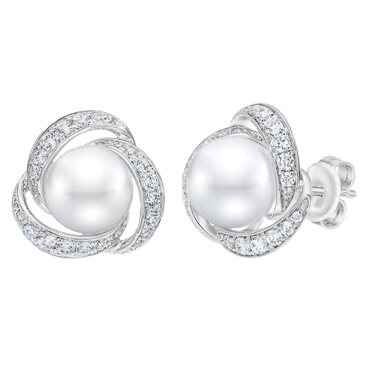 Freshwater Cultured 7.5-8mm Pearl & Diamond 14kt White Gold Earrings