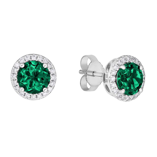 Lab Created Emerald and Diamond 14kt White Gold Earrings