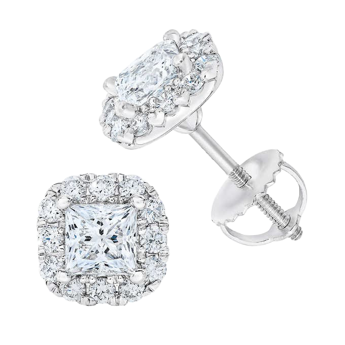 Princess Cut & Round Brilliant 1.25 ctw VS2 Clarity, I Color Diamond 14kt White Gold Stud Earrings