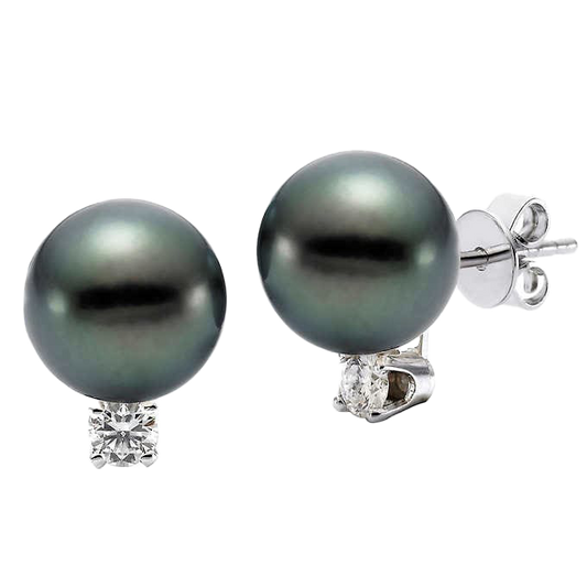 Tahitian Cultured 8-9mm Pearl & Diamond 14kt White Gold Earrings