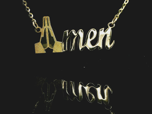 14K Gold "Amen" Pendant w/ Diamond-Cut Rolo Chain