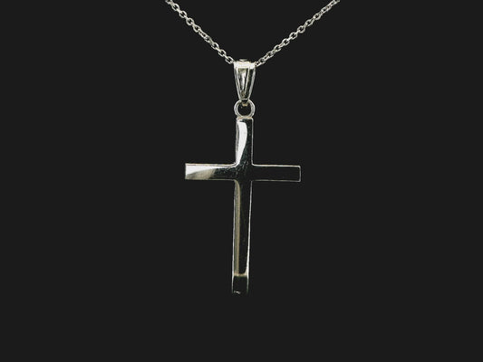 14K White Gold Plain Cross Pendant with Diamond-Cut Rolo Chain - 5 Grams